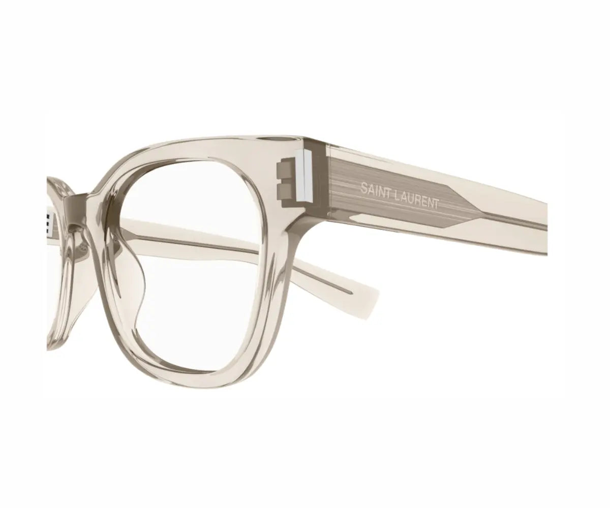 Beige eyeglasses with 'Saint Laurent' branding on a white background