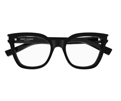 Black eyeglasses with 'Saint Laurent' branding on a white background