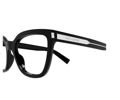 Black eyeglasses with a brand name on a white background