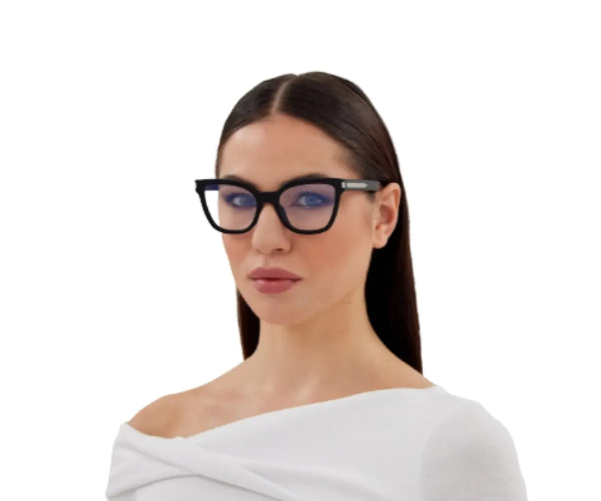 Woman wearing black glasses on a white background