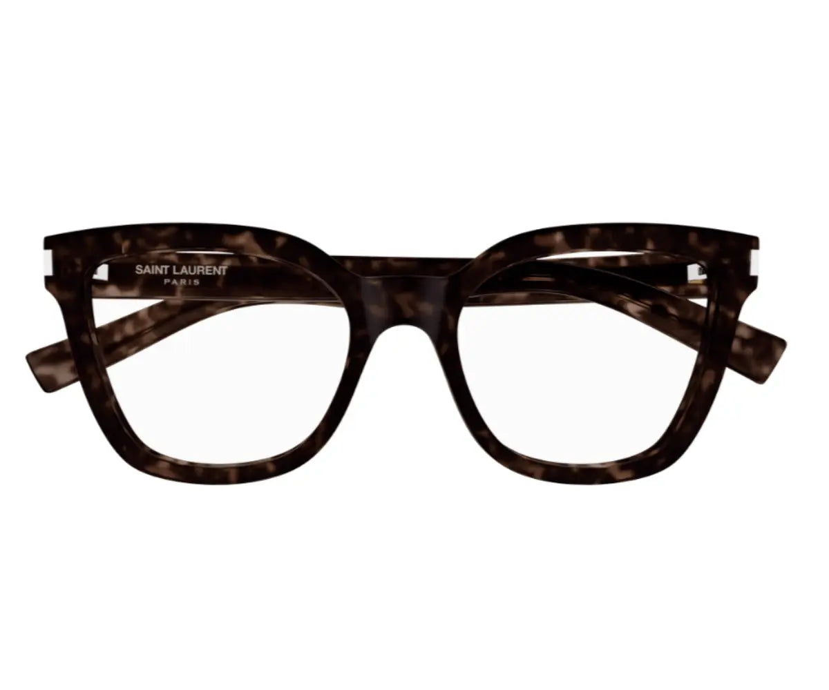 Brown tortoiseshell glasses with 'Saint Laurent' branding on a white background