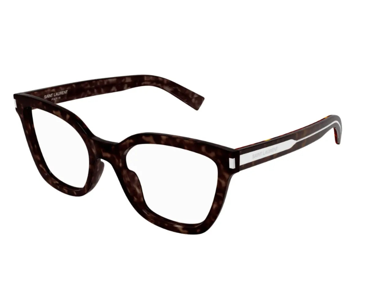 Brown tortoiseshell glasses with 'Saint Laurent' branding on a white background