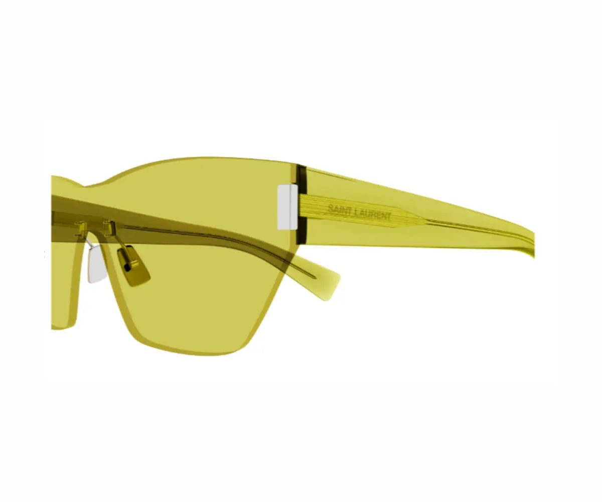 Yellow sunglasses with a brand logo on a white background