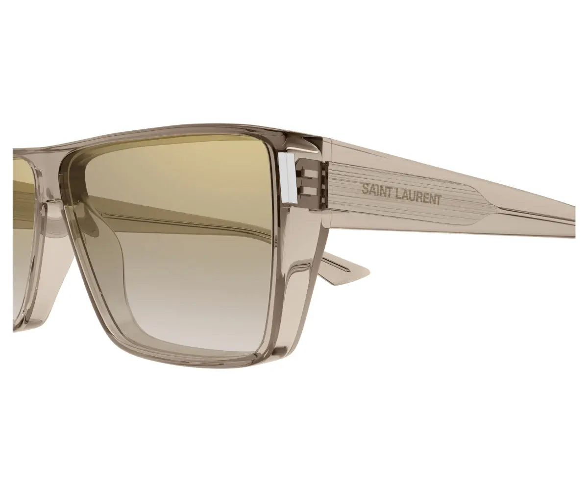 Sunglasses with a gradient brown lens and beige frame on a white background