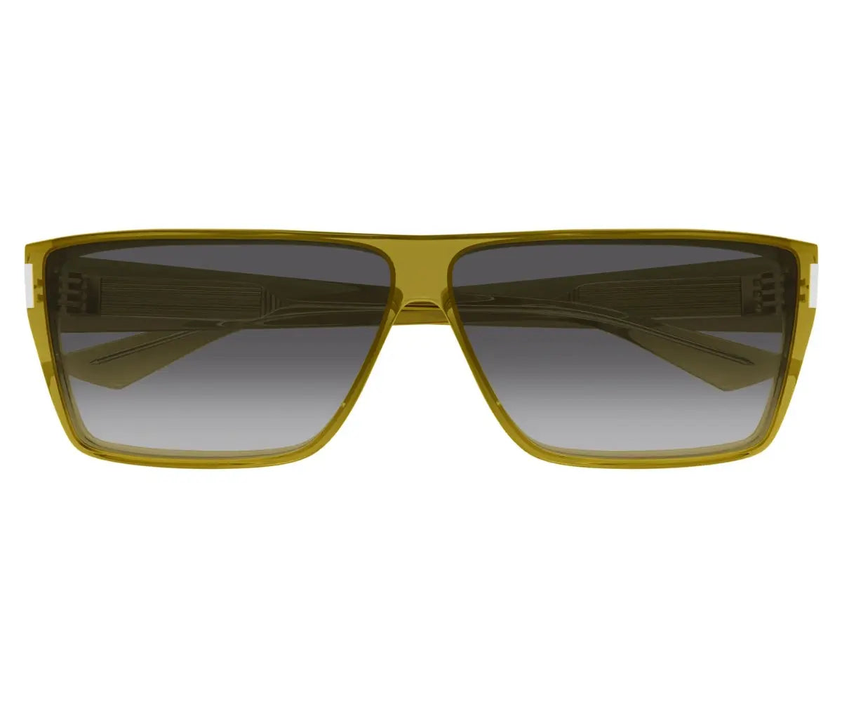 Sunglasses with yellow frame and gradient lenses on a white background