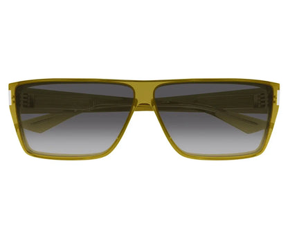 Sunglasses with yellow frame and gradient lenses on a white background