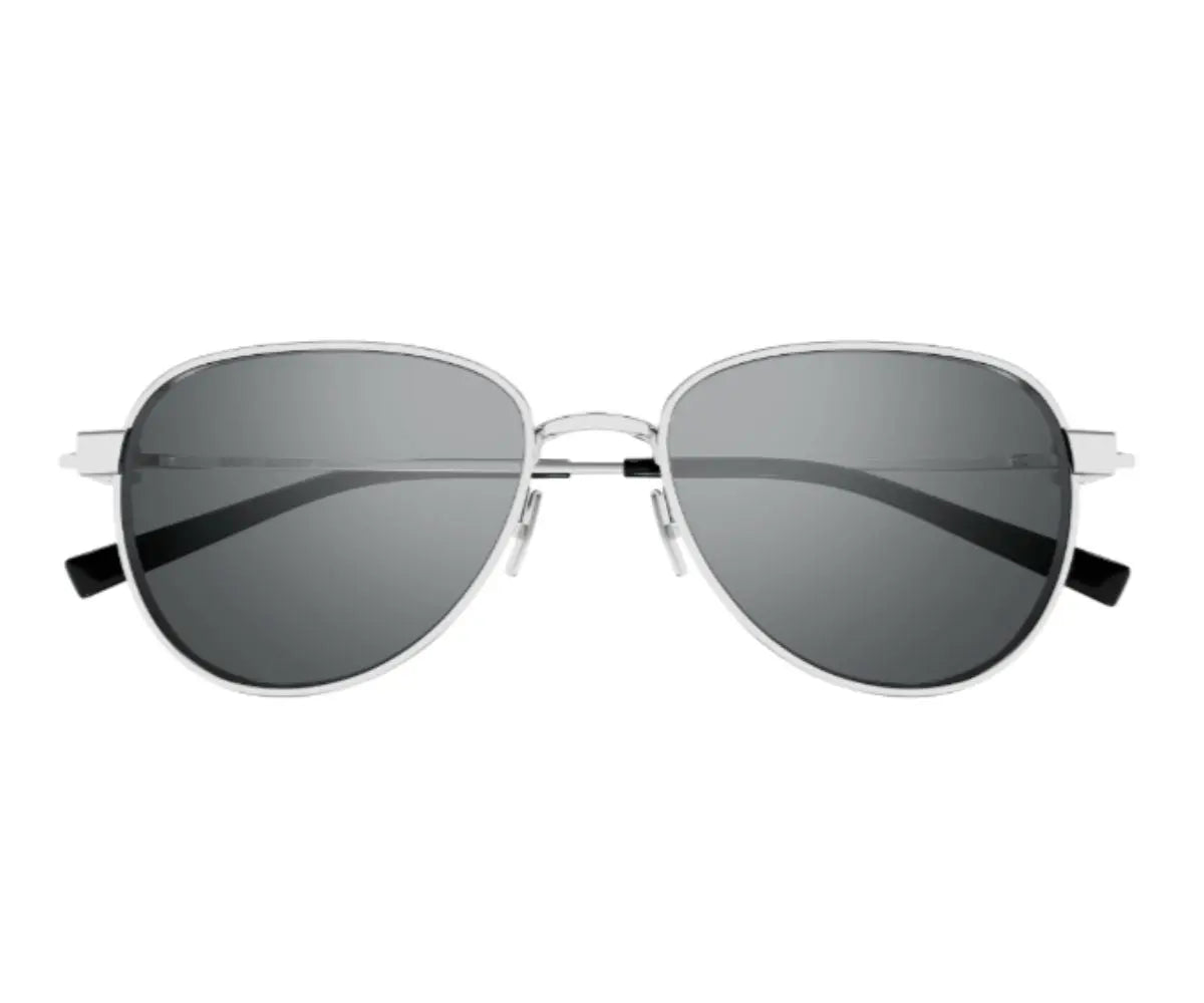 Sunglasses with silver frame and dark lenses on a white background