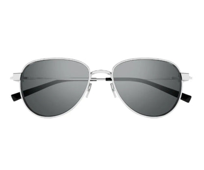 Sunglasses with silver frame and dark lenses on a white background