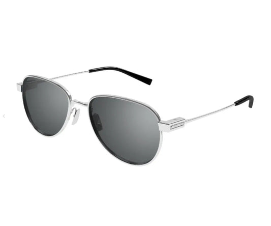 Silver sunglasses with black lenses on a white background