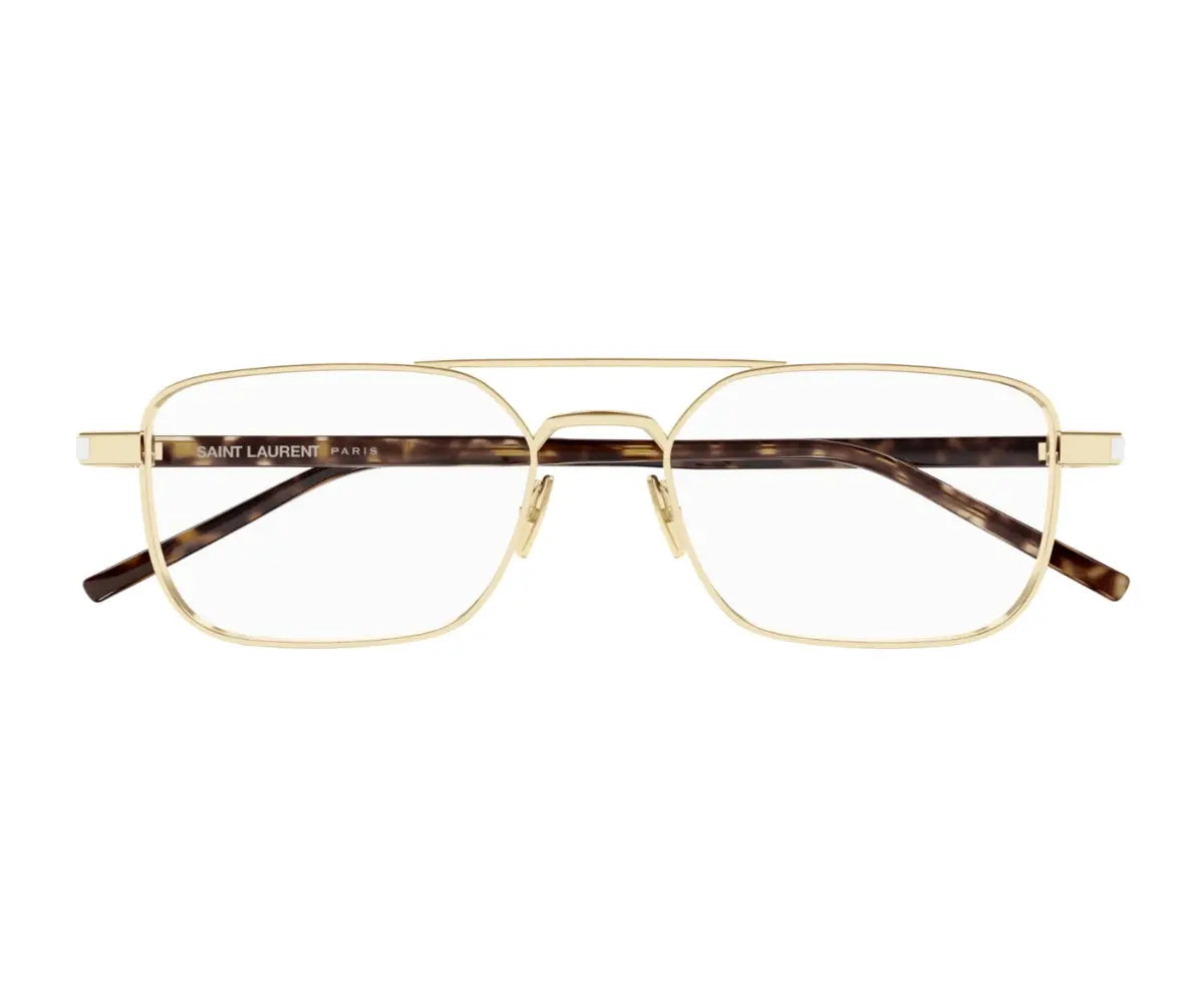 Gold and tortoiseshell eyeglasses on a white background
