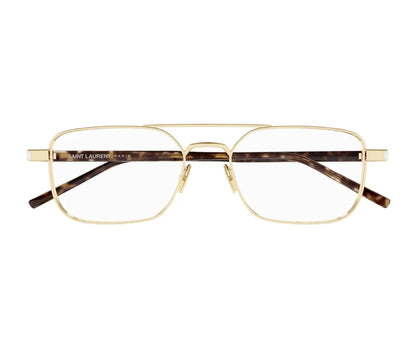 Gold and tortoiseshell eyeglasses on a white background