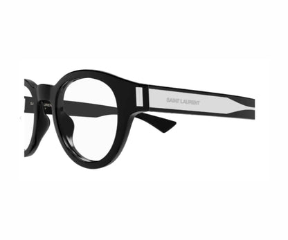 Black round eyeglasses with 'Saint Laurent' branding on a white background