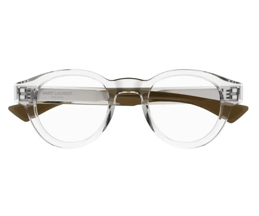 Clear eyeglasses with brown accents on a white background