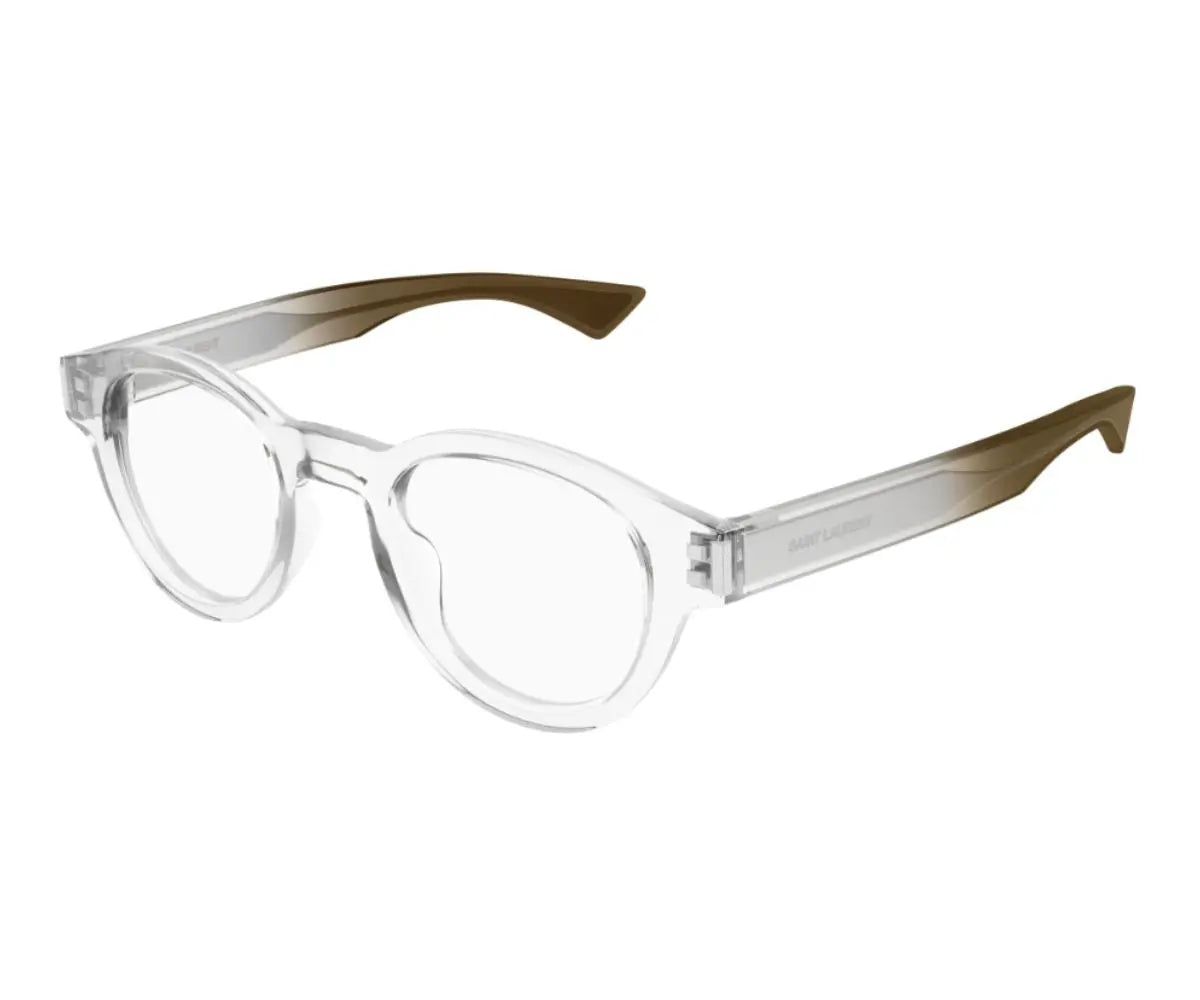 Clear eyeglasses with brown accents on a white background