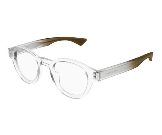 Clear eyeglasses with brown accents on a white background