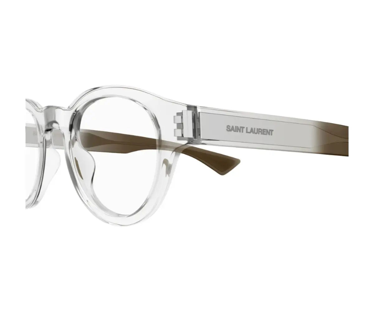 Saint Laurent eyeglasses with clear frame and brown temple tips on a white background