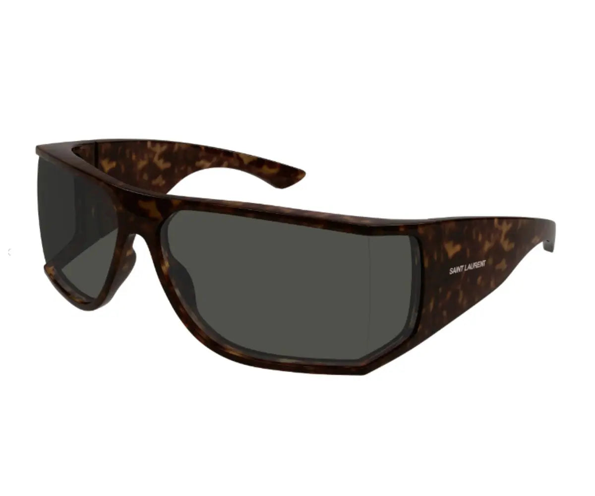 Sunglasses with tortoiseshell frame and dark lenses on a white background