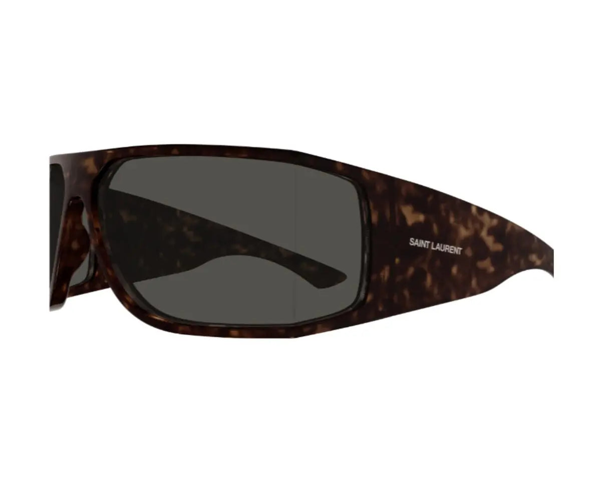 Sunglasses with tortoiseshell frame and dark lenses on a white background