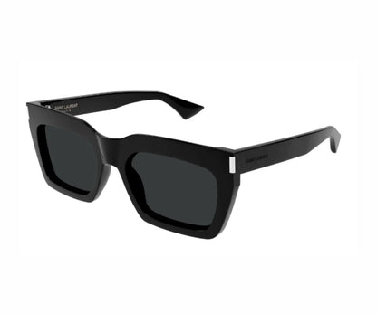 Black sunglasses with a brand logo on a white background
