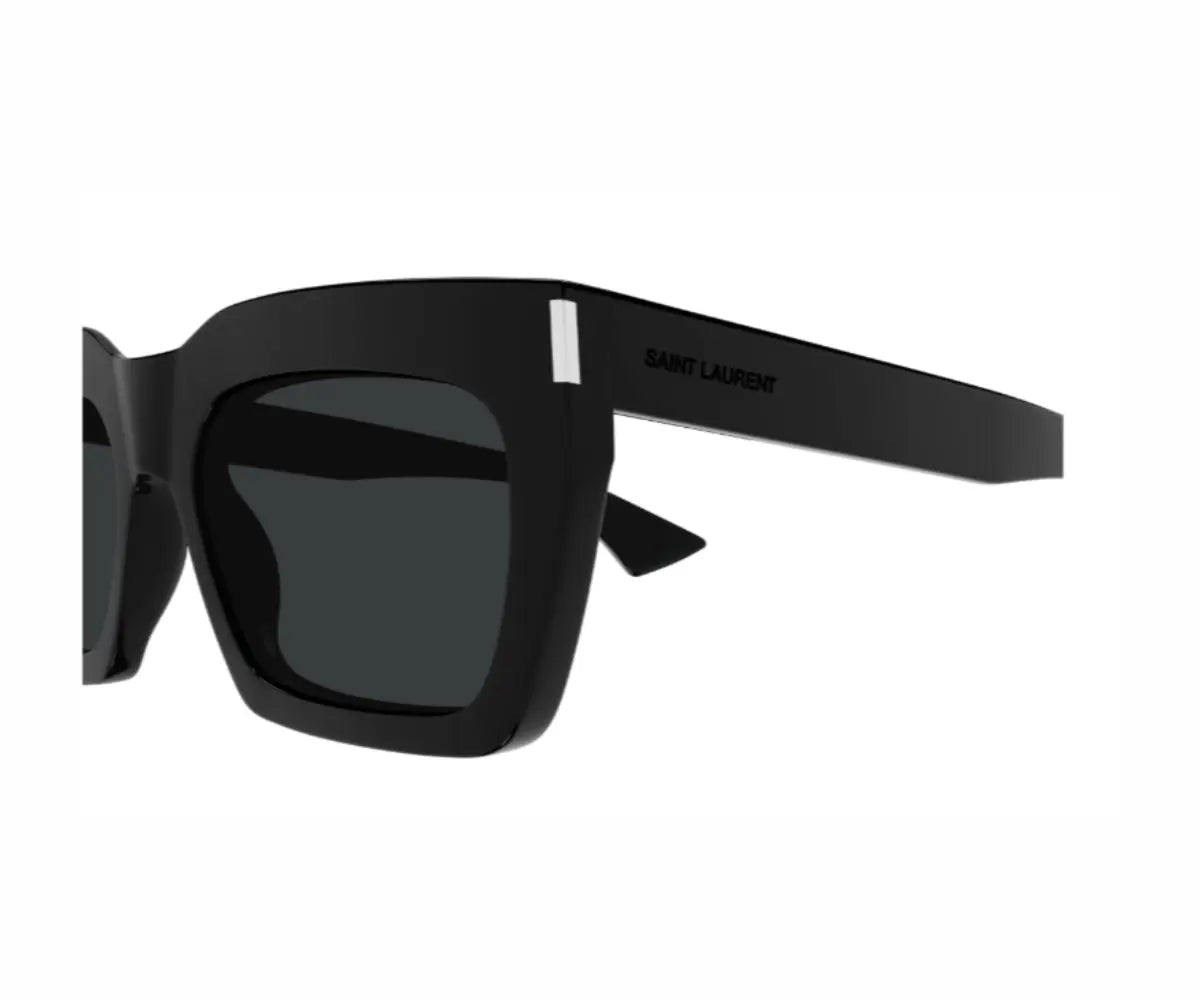 Black sunglasses with 'Saint Laurent' branding on a white background