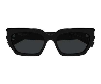 Black sunglasses with a brand name on a white background