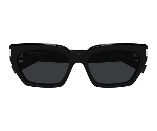 Black sunglasses with a brand name on a white background