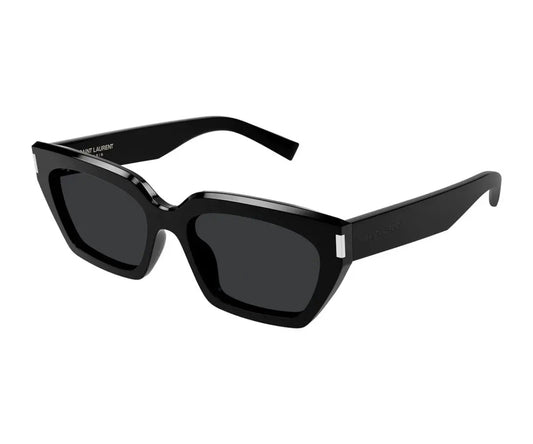 Black sunglasses with a brand logo on a white background