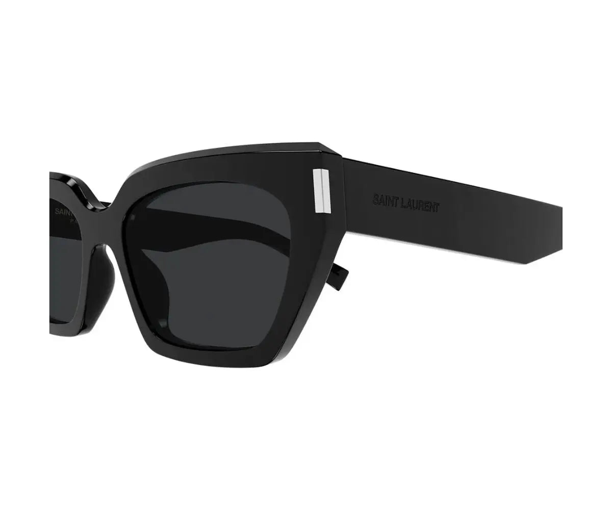 Black sunglasses with a brand logo on a white background