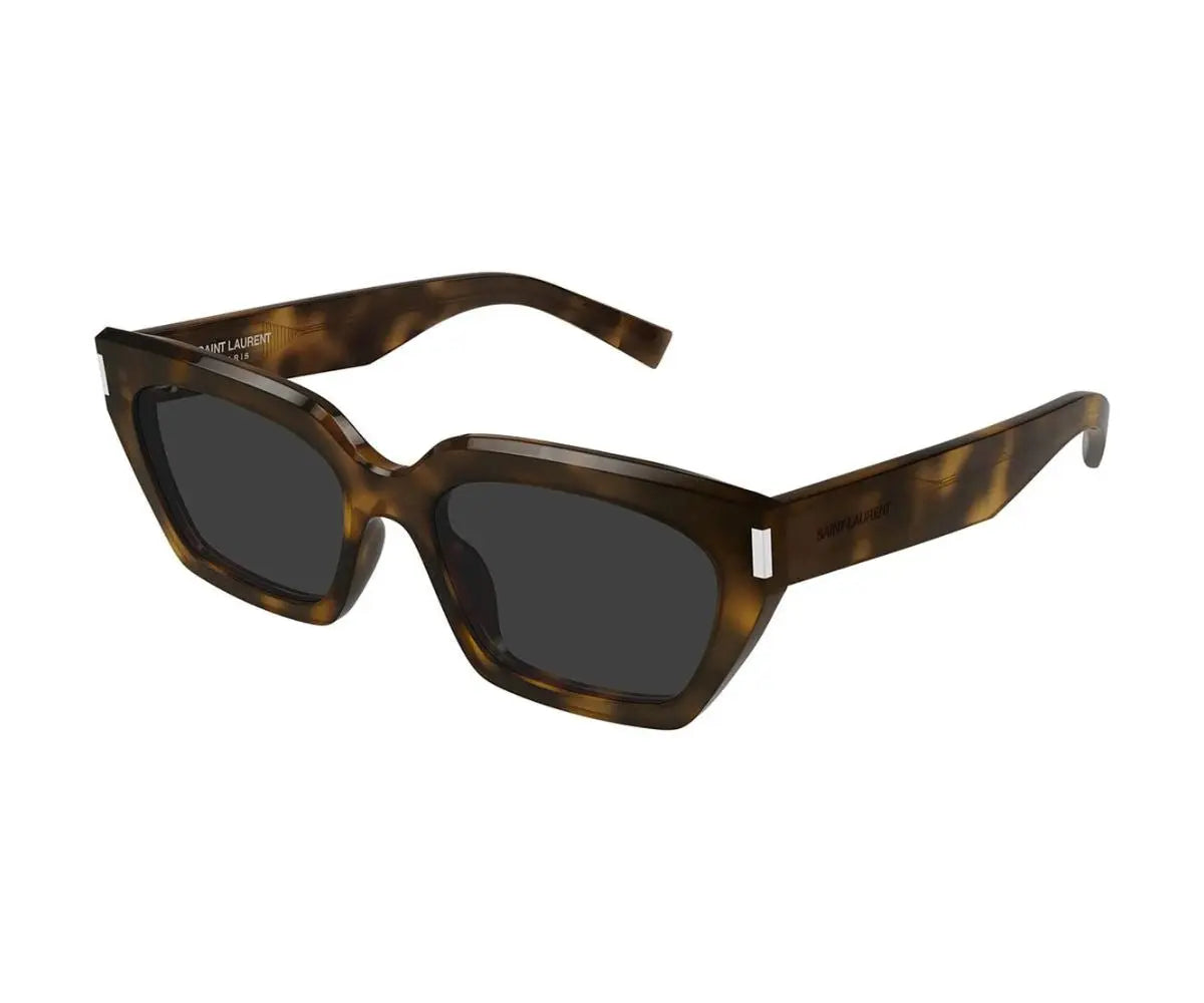 Sunglasses with tortoiseshell frame and dark lenses on a white background