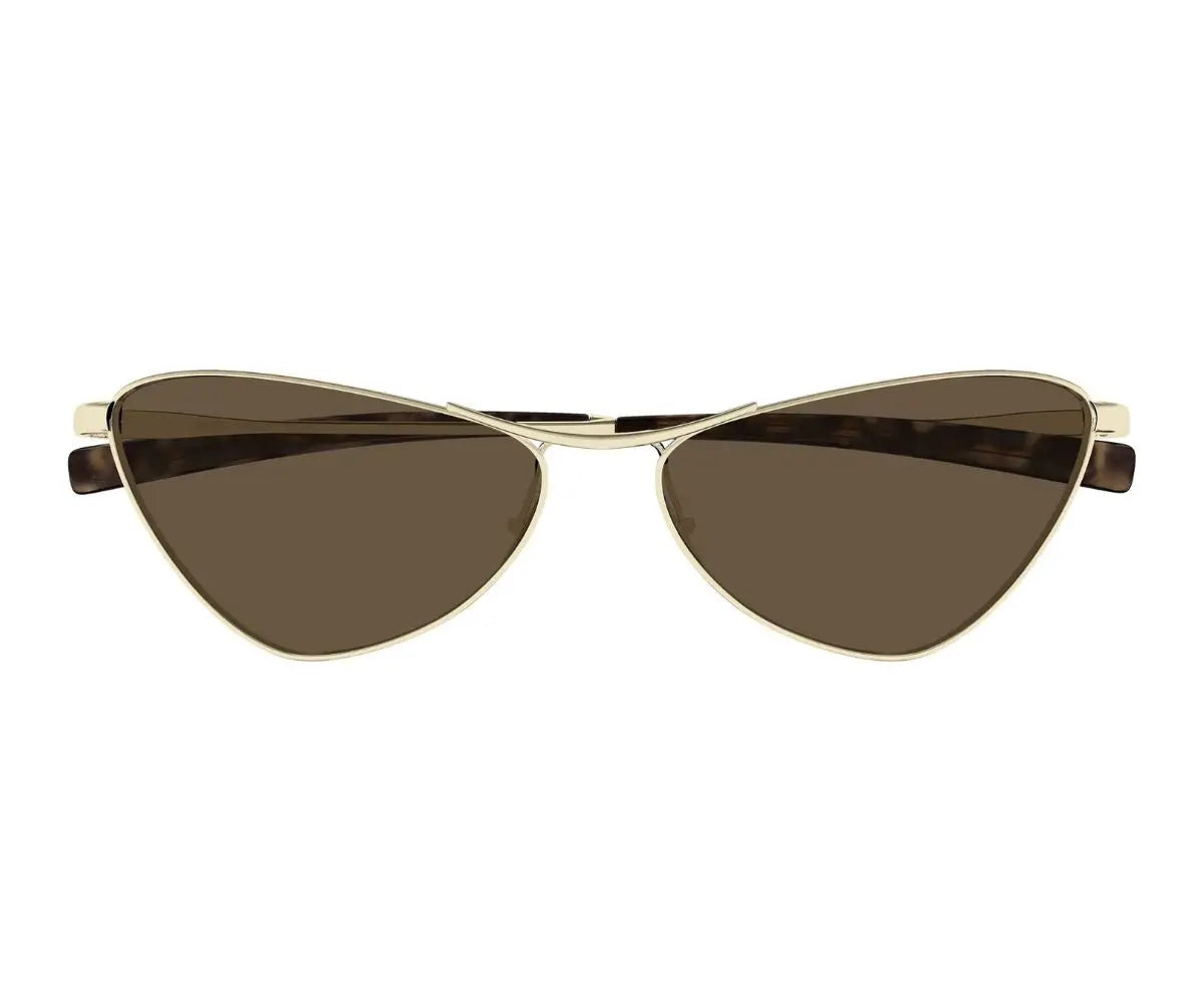 Cat-eye sunglasses with gold frame and brown lenses on a white background