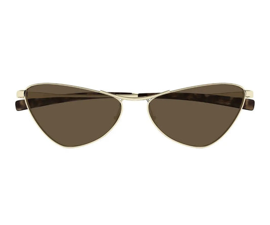 Cat-eye sunglasses with gold frame and brown lenses on a white background