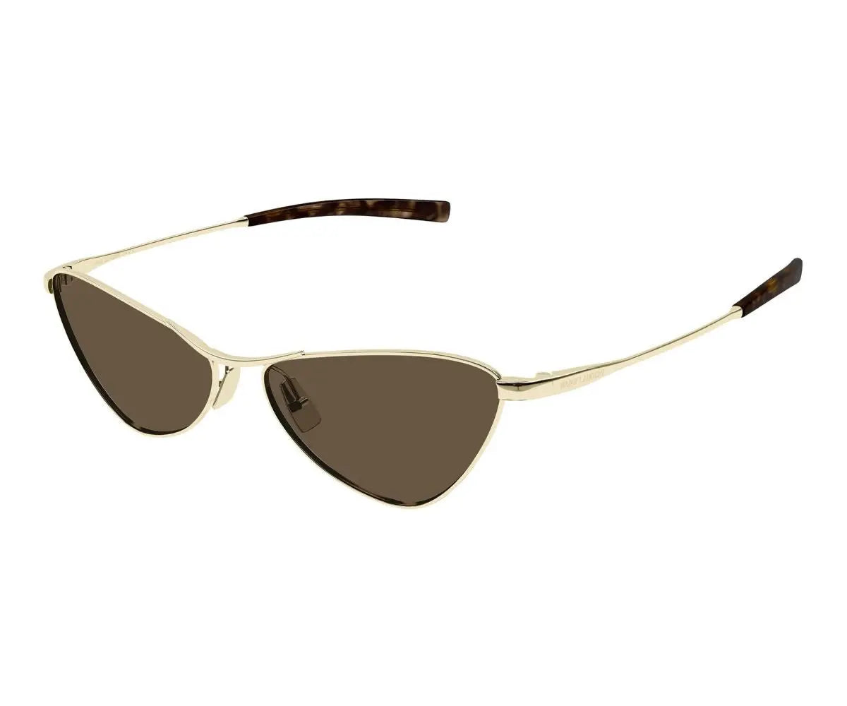 Gold-framed cat-eye sunglasses with brown lenses on a white background