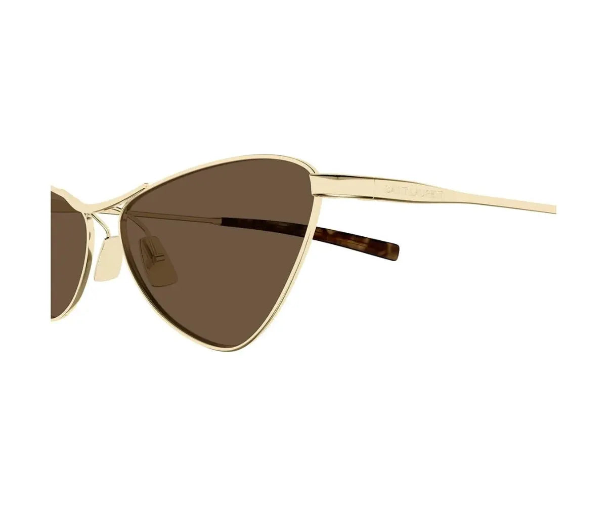 Gold-framed sunglasses with brown lenses on a white background