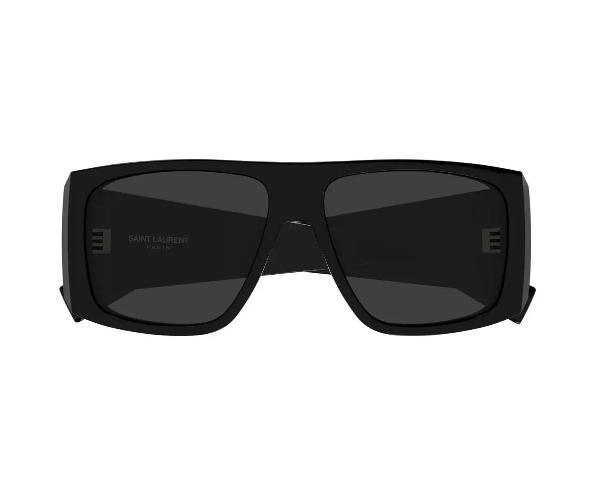 Black sunglasses with a brand logo on a white background