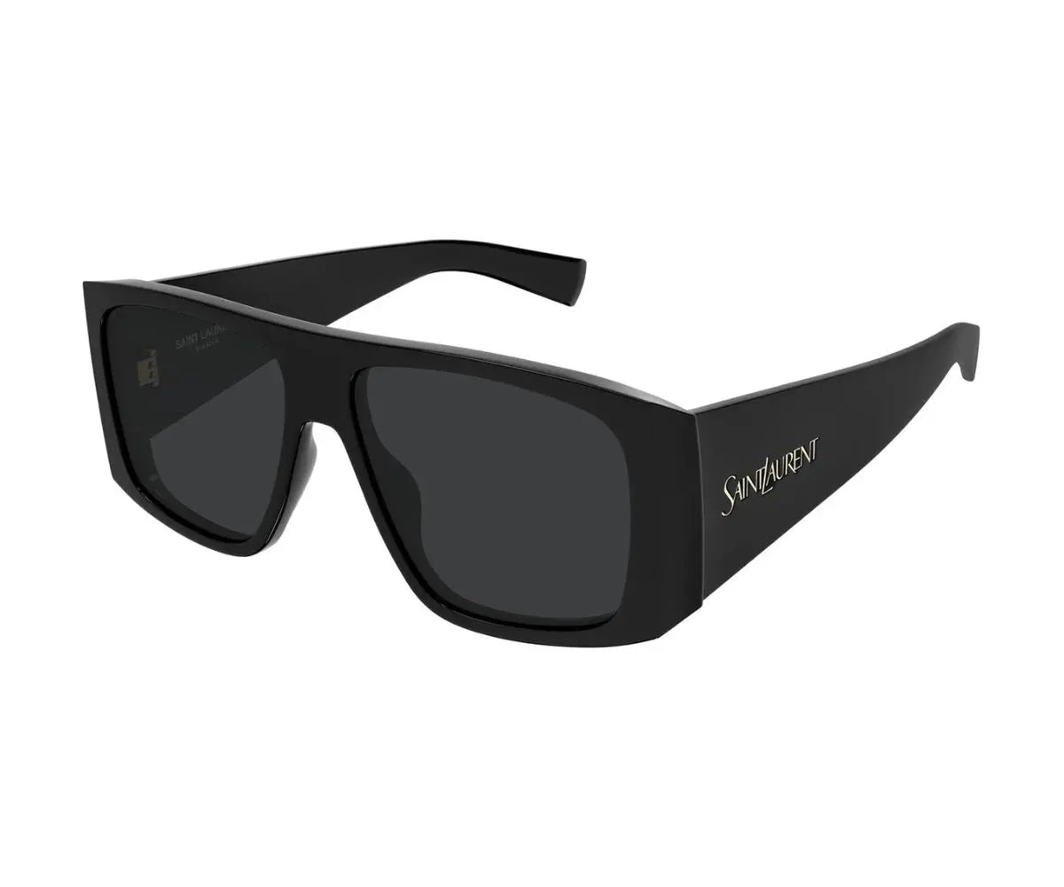 Black sunglasses with a brand logo on a white background