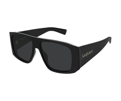 Black sunglasses with a brand logo on a white background