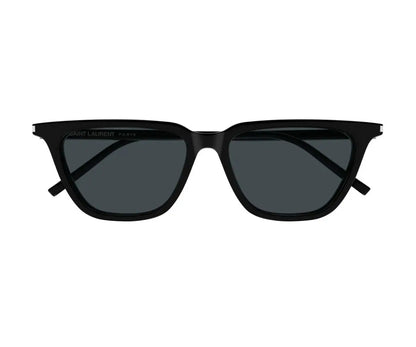 Black sunglasses with a brand logo on a white background
