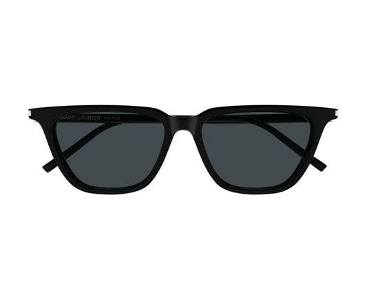 Black sunglasses with a brand logo on a white background