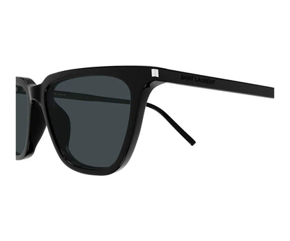 Black sunglasses with a brand logo on a white background