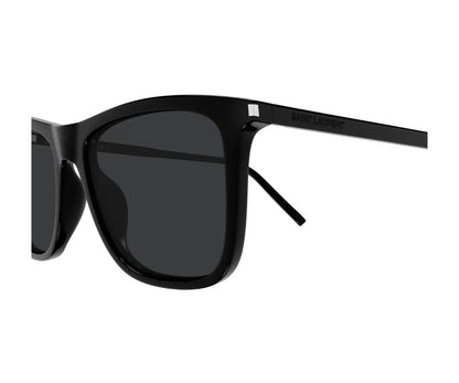 Black sunglasses with a brand logo on a white background