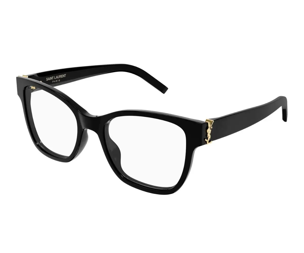 Black cat-eye glasses with gold accents on a white background