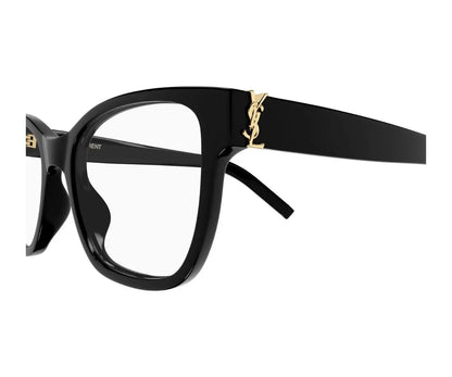 Black eyeglasses with gold accents on a white background