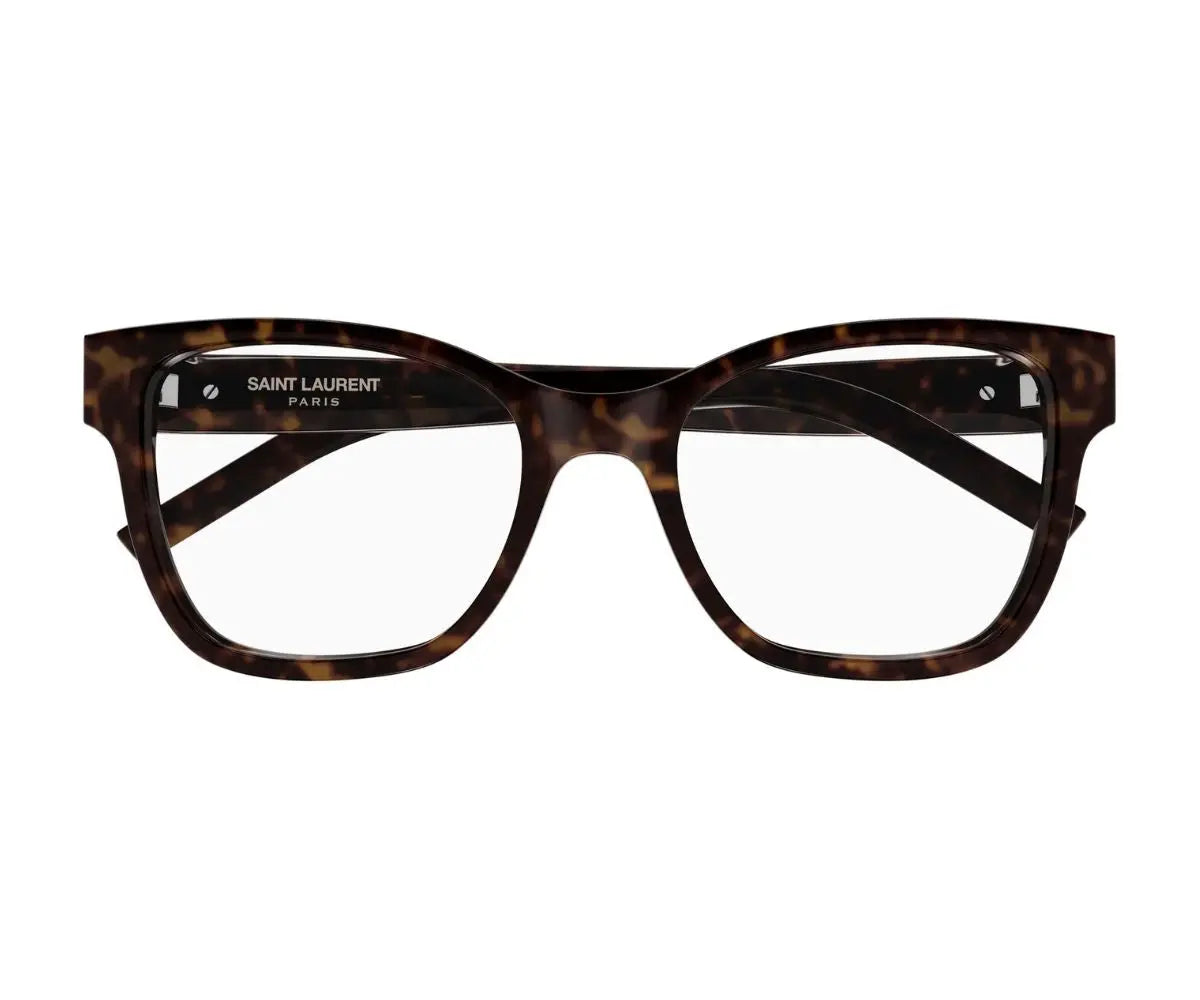 Tortoiseshell eyeglasses with 'Saint Laurent' branding on a white background