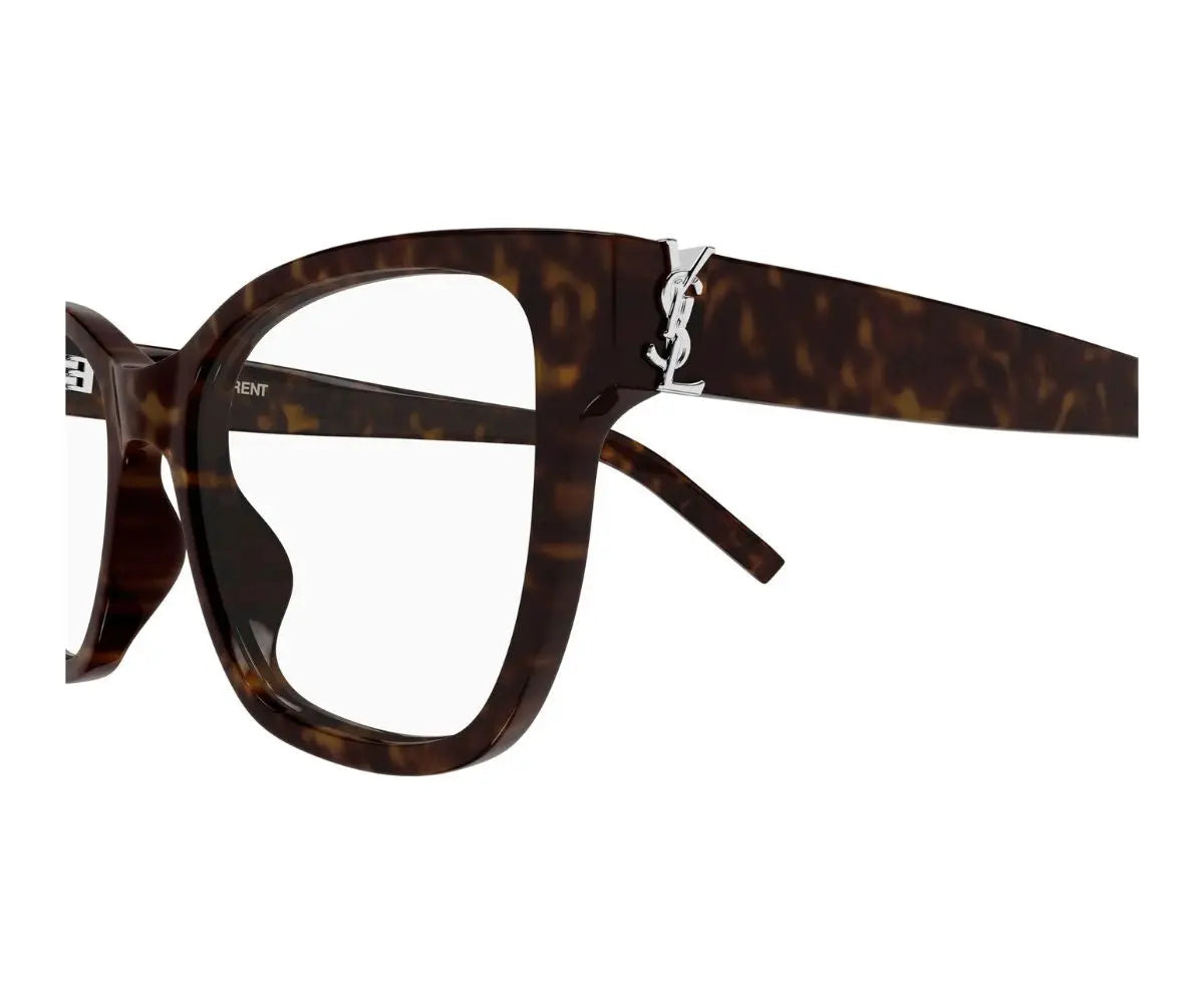 Black eyeglasses with gold accents on a white background