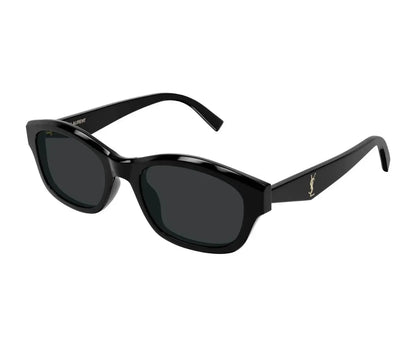 Black sunglasses with a brand logo on a white background