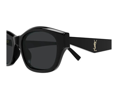 Black sunglasses with a brand logo on the arm against a white background
