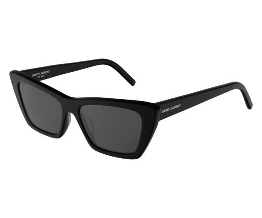 Black sunglasses with 'Saint Laurent' branding on a transparent background