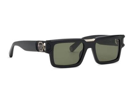 Black sunglasses with green lenses on a white background