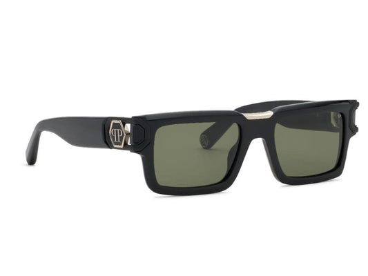 Black sunglasses with green lenses on a white background