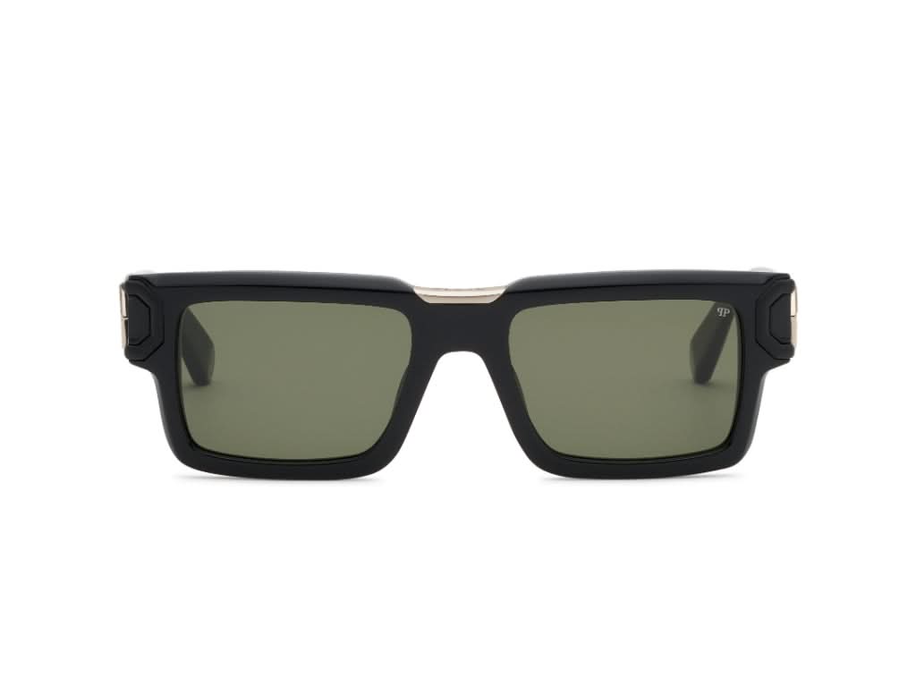 Black sunglasses with green lenses on a white background